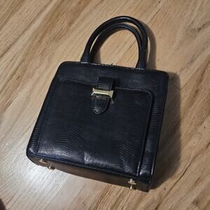Small Top-Handle Black Lizard-Embossed Jewel Box Satchel by Snob Essentials